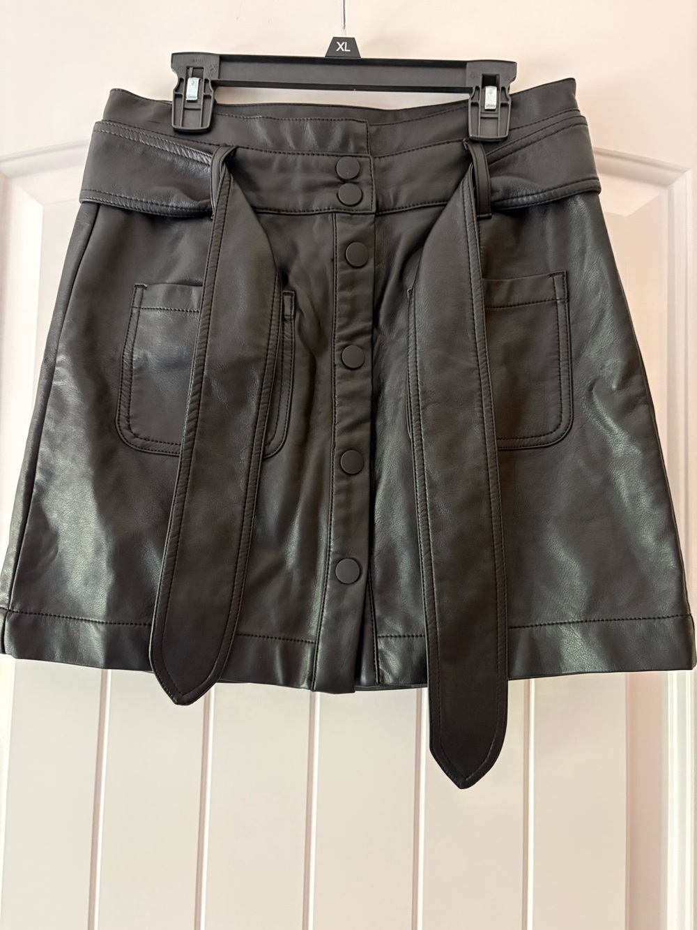 TGLA Faux Leather A-Line Mini Skirt with Waist Tie - Black